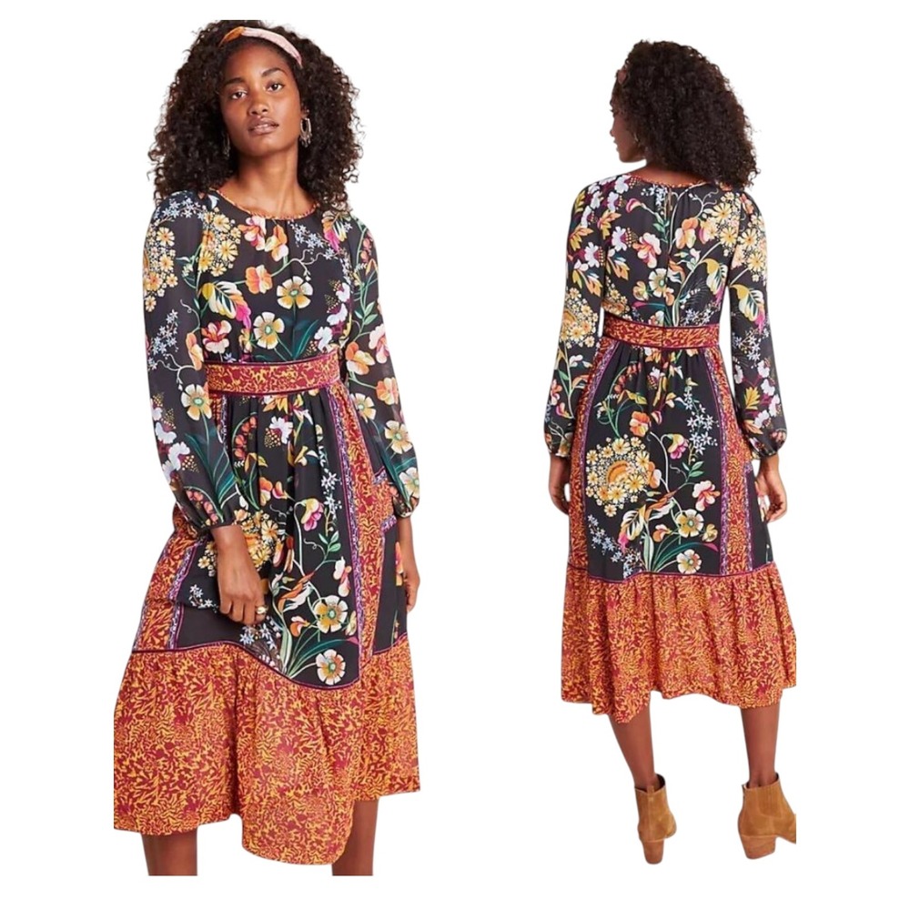 Anthropologie Adair Velvet Trimmed Midi Dress Womens 14 Floral Mixed Print Boho